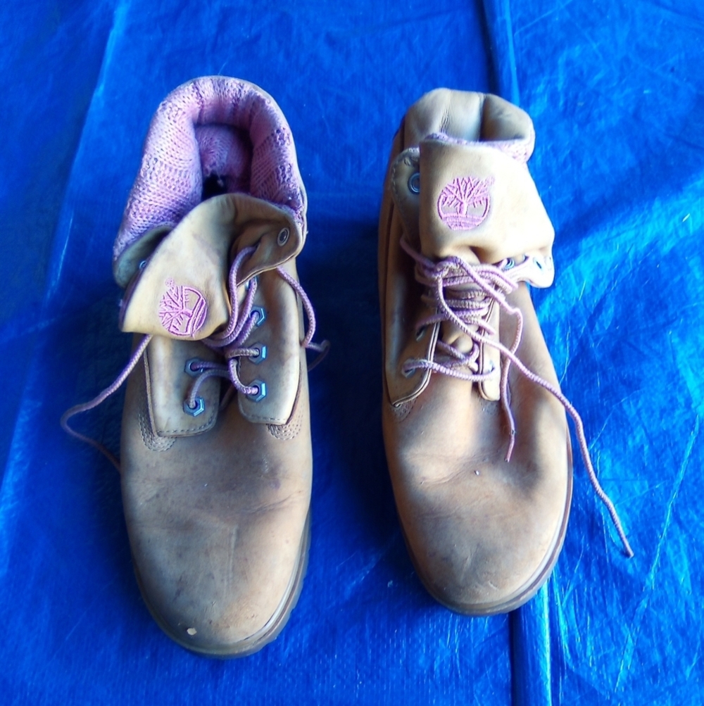 Timberlands Tan Boots with Pink Accents